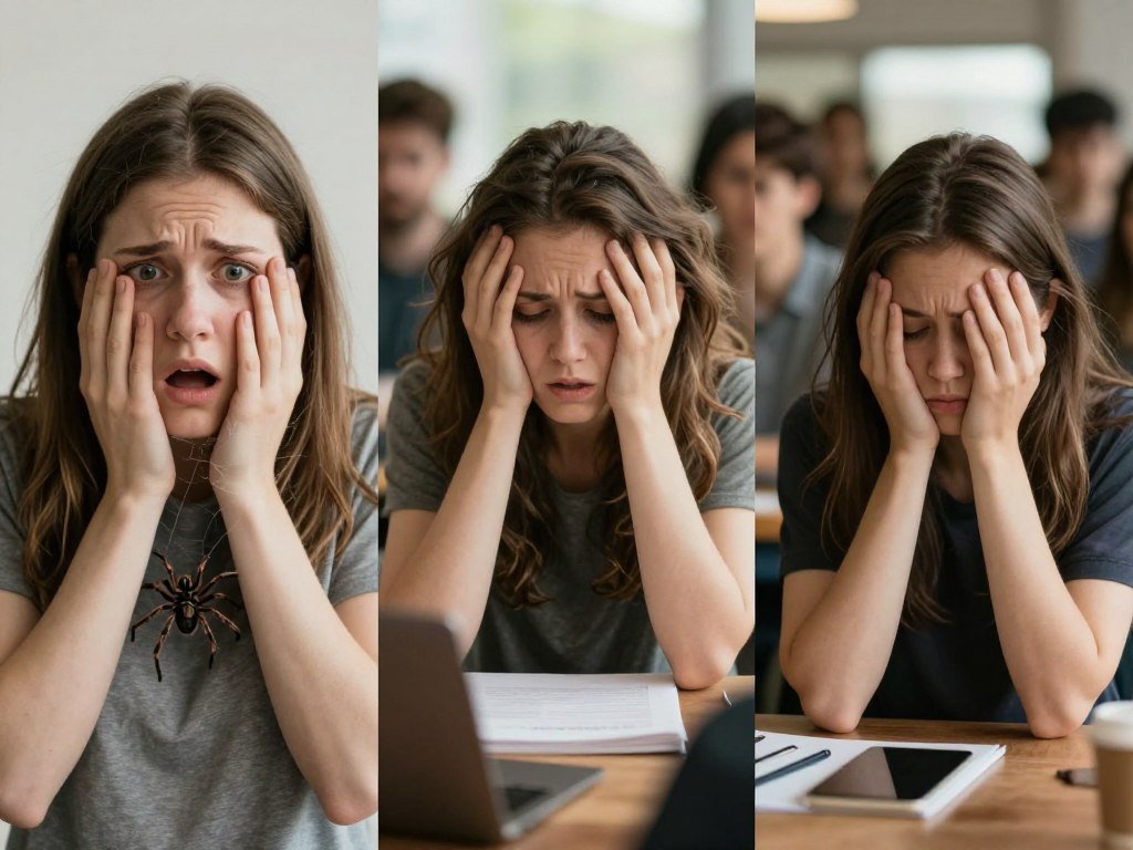 Three distinct scenarios representing specific phobia, social phobia, and agoraphobia