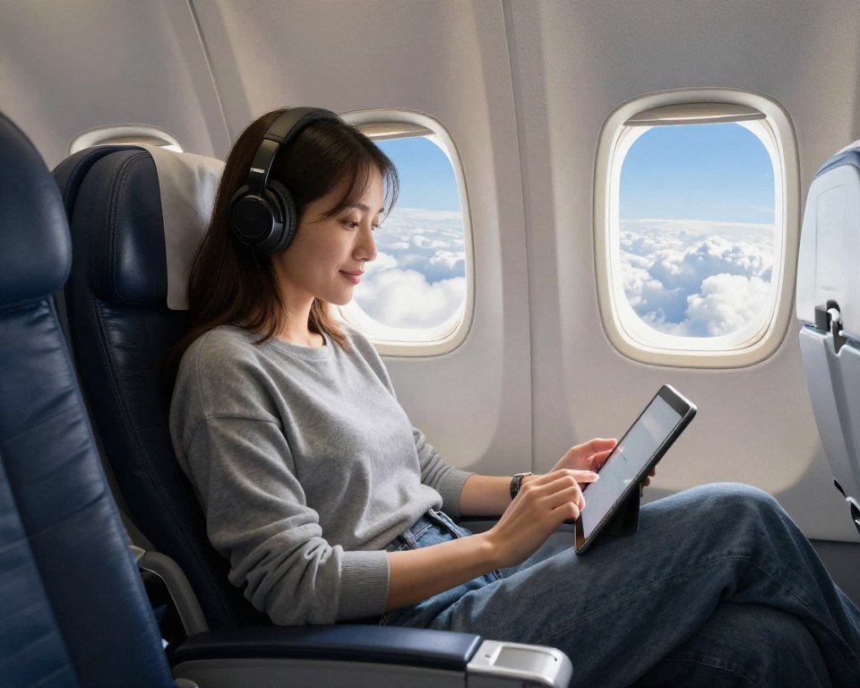 Traveler using coping strategies during flight despite fear of flying phobia