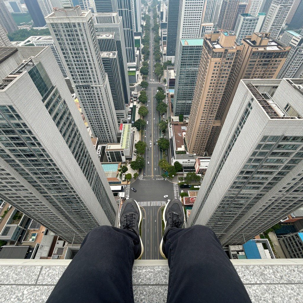 View from high building balcony showing perspective that triggers acrophobia