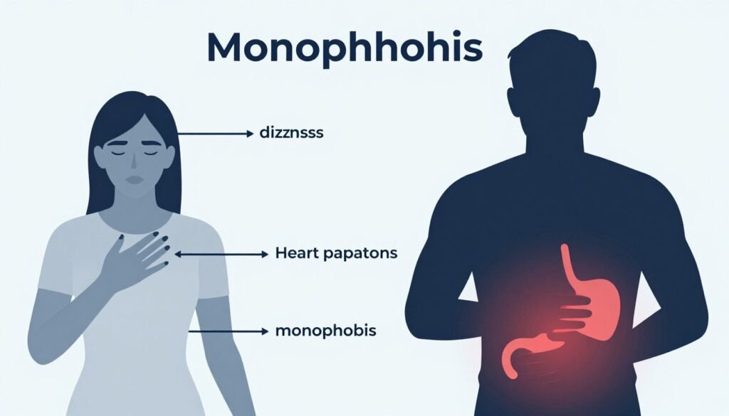 Visual representation of physical and emotional symptoms of monophobia including panic attacks